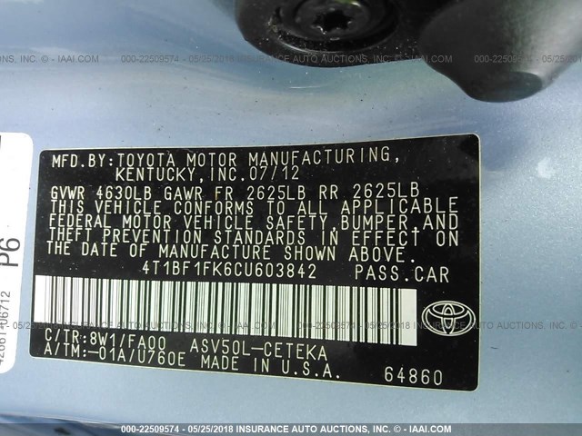 4T1BF1FK6CU603842 - 2012 TOYOTA CAMRY SE/LE/XLE Light Blue photo 9