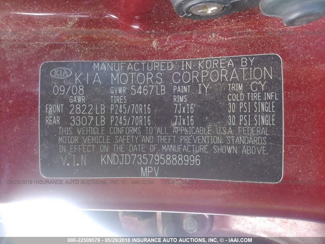 KNDJD735795888996 - 2009 KIA SORENTO LX/EX RED photo 9