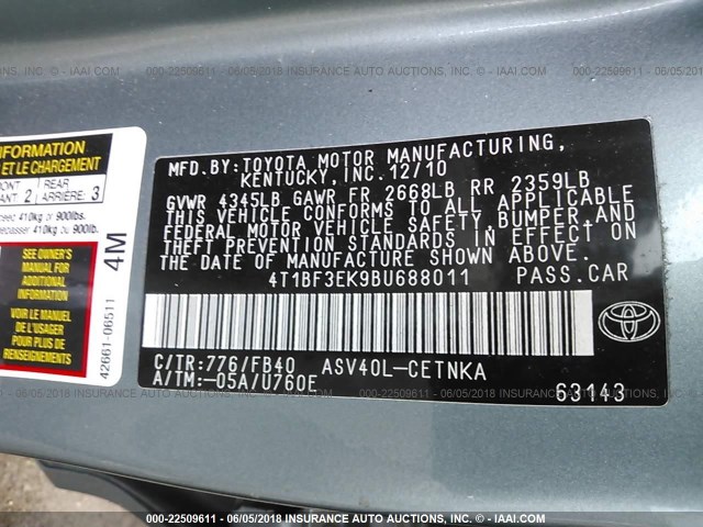 4T1BF3EK9BU688011 - 2011 TOYOTA CAMRY SE/LE/XLE 绿色 照片 9