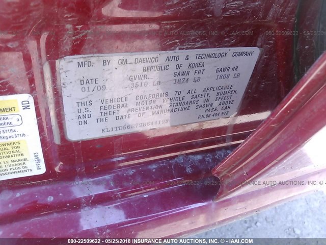KL1TD56E79B644198 - 2009 CHEVROLET AVEO LS/LT 红色 照片 9