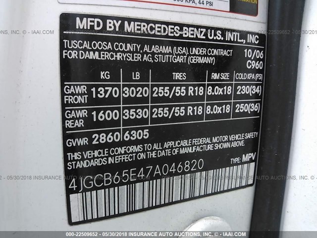 4JGCB65E47A046820 - 2007 MERCEDES-BENZ R 350 WHITE photo 9