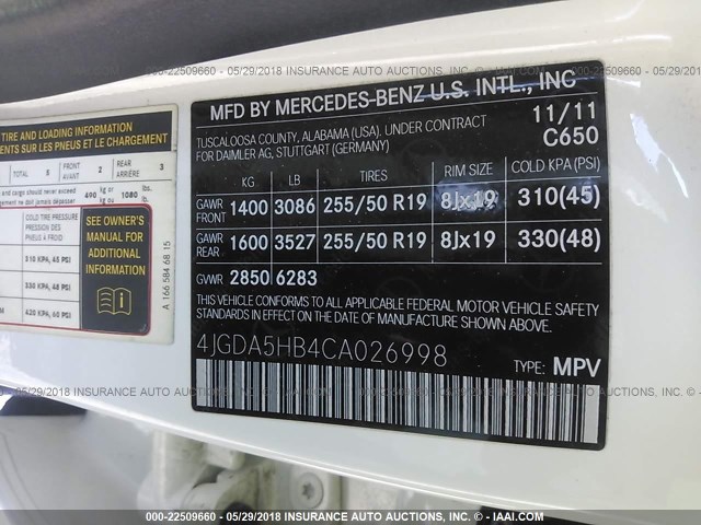 4JGDA5HB4CA026998 - 2012 MERCEDES-BENZ ML 350 4MATIC WHITE photo 9