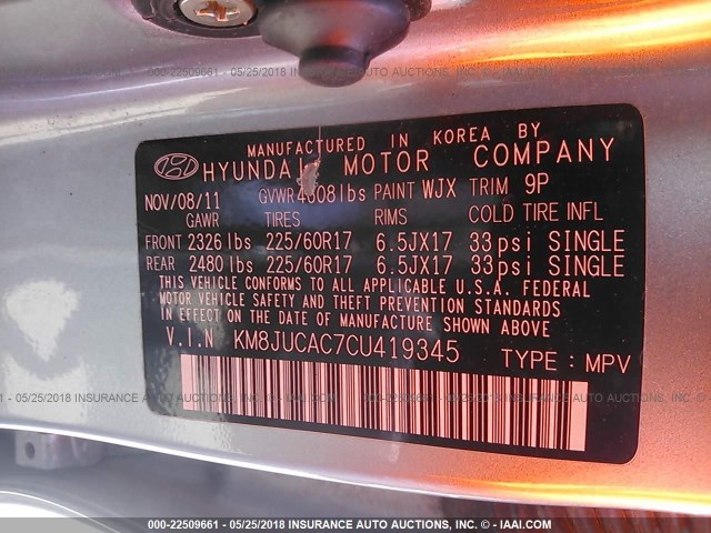 KM8JUCAC7CU419345 - 2012 HYUNDAI TUCSON GLS/LIMITED 灰色 照片 9