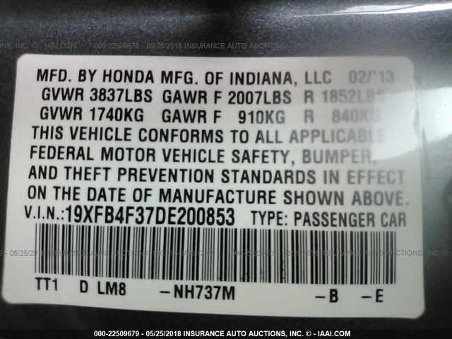 19XFB4F37DE200853 - 2013 HONDA CIVIC HYBRID L GRAY photo 9