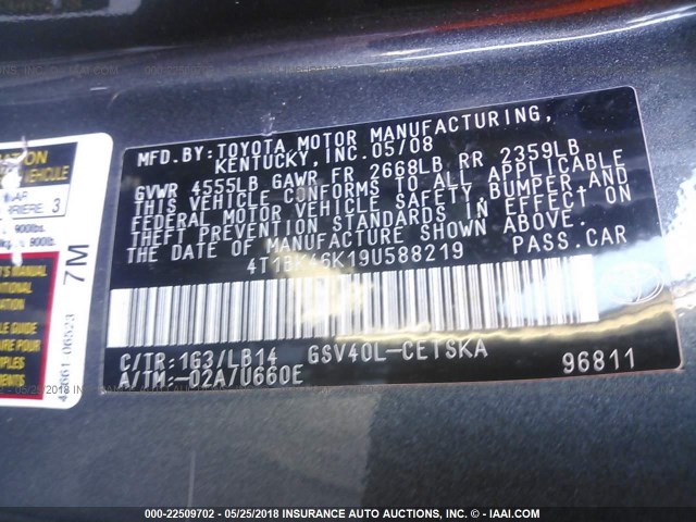 4T1BK46K19U588219 - 2009 TOYOTA CAMRY SE/LE/XLE 灰色 照片 9