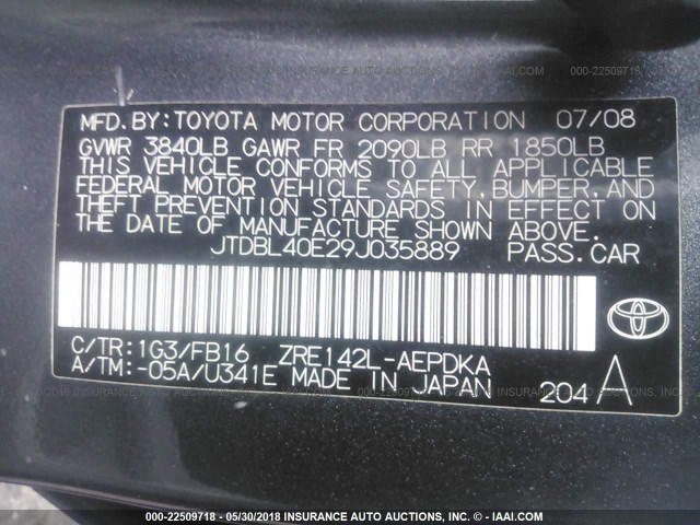 JTDBL40E29J035889 - 2009 TOYOTA COROLLA LE/XLE GRAY photo 9