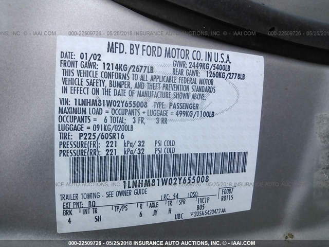 1LNHM81W02Y655008 - 2002 LINCOLN TOWN CAR EXECUTIVE Коричневый фото 9