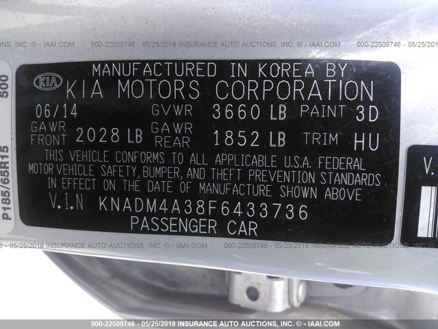 KNADM4A38F6433736 - 2015 KIA RIO LX SILVER photo 9