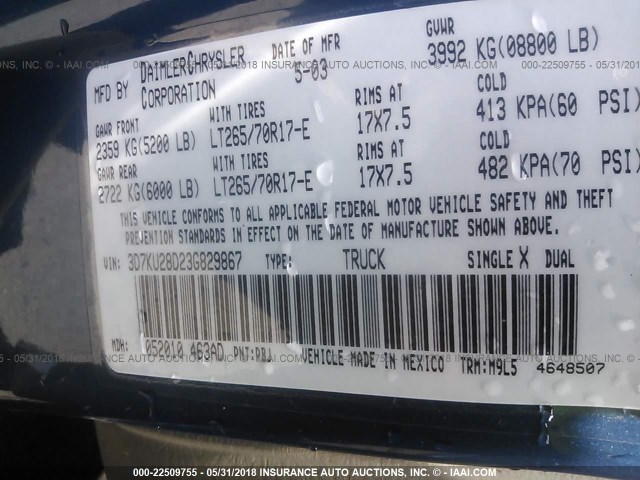 3D7KU28D23G829867 - 2003 DODGE RAM 2500 ST/SLT 蓝色 照片 9