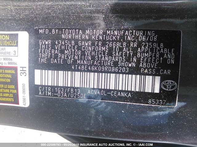 4T4BE46K09R086203 - 2009 TOYOTA CAMRY SE/LE/XLE 灰色 照片 9