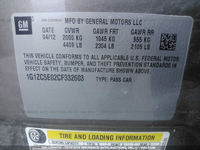 1G1ZC5E02CF332603 - 2012 CHEVROLET MALIBU 1LT 棕色 照片 9