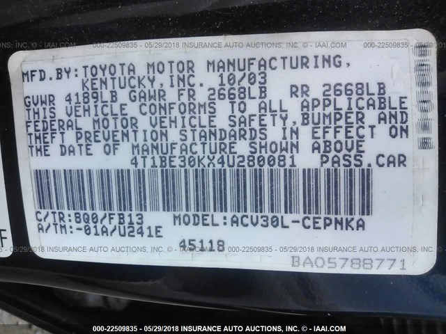4T1BE30KX4U280081 - 2004 TOYOTA CAMRY LE/XLE/SE ლურჯი ფოტო 9