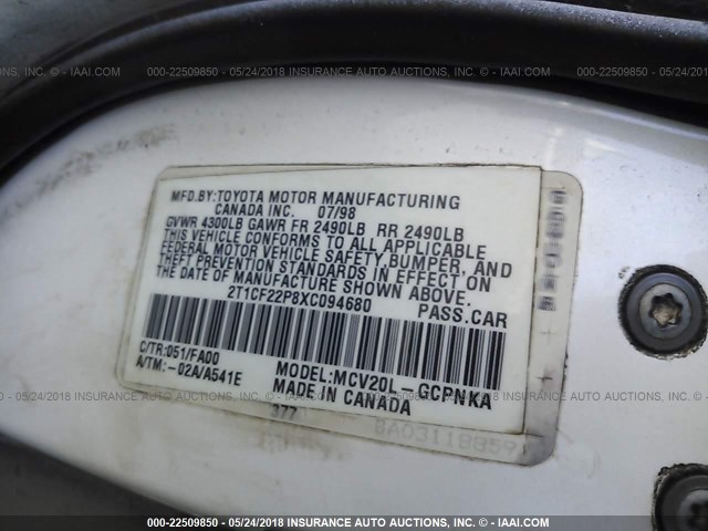 2T1CF22P8XC094680 - 1999 TOYOTA CAMRY SOLARA SE/SLE WHITE photo 9