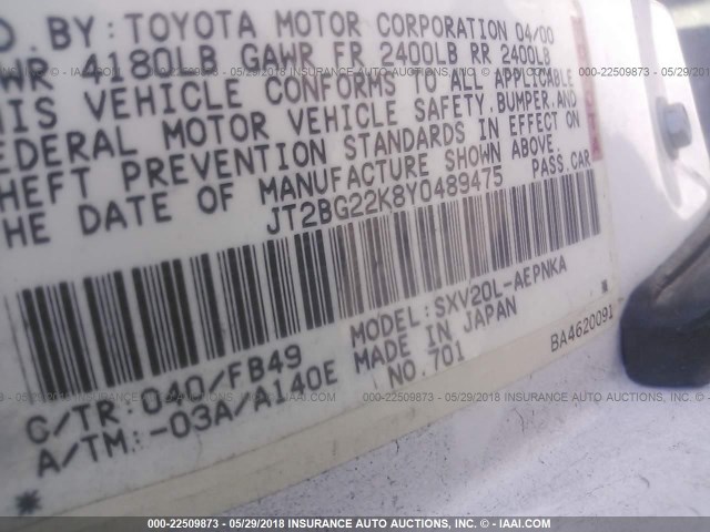 JT2BG22K8Y0489475 - 2000 TOYOTA CAMRY CE/LE/XLE 白色 照片 9