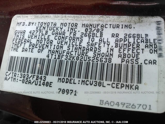 4T1BF32K02U525638 - 2002 TOYOTA CAMRY LE/XLE/SE 红色 照片 9