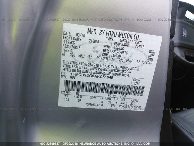 1FMCU9EG6AKC51649 - 2010 FORD ESCAPE LIMITED SILVER photo 9