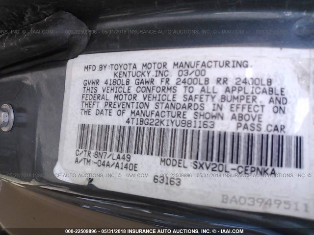 4T1BG22K1YU981163 - 2000 TOYOTA CAMRY CE/LE/XLE 青色 照片 9