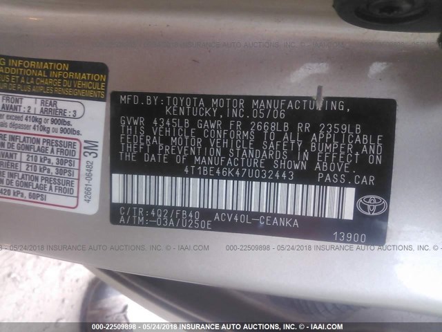 4T1BE46K47U032443 - 2007 TOYOTA CAMRY NEW GENERAT CE/LE/XLE/SE TAN photo 9