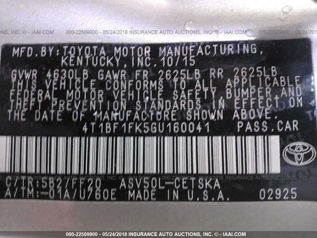 4T1BF1FK5GU160041 - 2016 TOYOTA CAMRY LE/XLE/SE/XSE GOLD photo 9