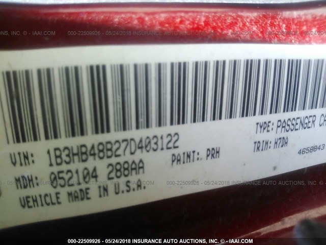 1B3HB48B27D403122 - 2007 DODGE CALIBER SXT RED photo 9