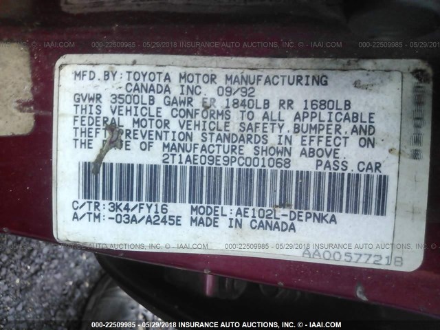 2T1AE09E9PC001068 - 1993 TOYOTA COROLLA LE/DX 红色 照片 9