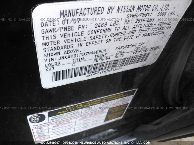 JNKAY01F87M458600 - 2007 INFINITI M35 SPORT BLACK photo 9