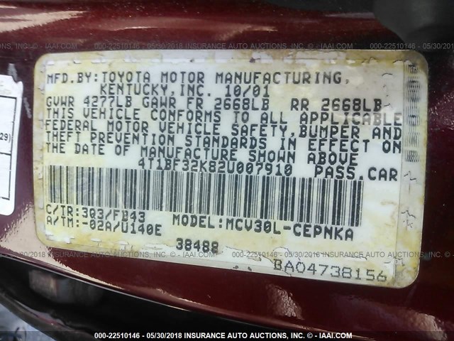 4T1BF32K82U007910 - 2002 TOYOTA CAMRY LE/XLE/SE RED photo 9