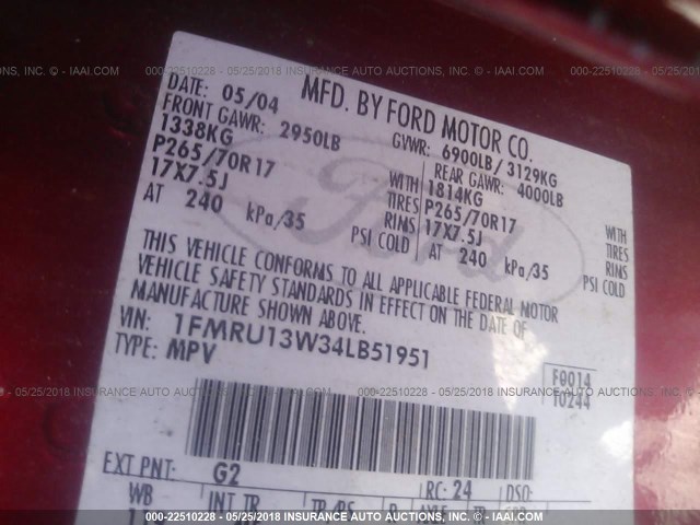 1FMRU13W34LB51951 - 2004 FORD EXPEDITION XLS RED photo 9