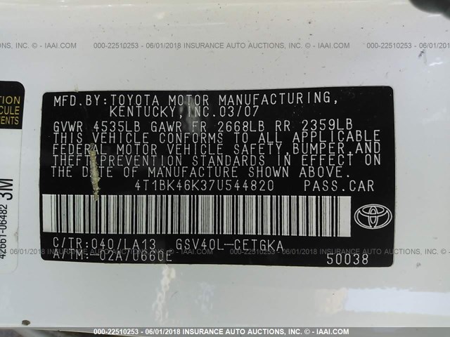 4T1BK46K37U544820 - 2007 TOYOTA CAMRY NEW GENERAT LE/XLE/SE WHITE photo 9