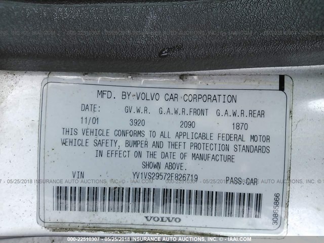 YV1VS29572F826719 - 2002 VOLVO S40 1.9T SILVER photo 9