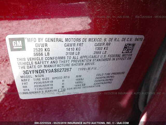 3GYFNDEY9AS627267 - 2010 CADILLAC SRX LUXURY COLLECTION RED photo 9