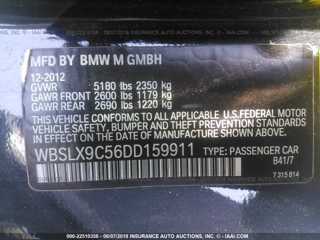 WBSLX9C56DD159911 - 2013 BMW M6 GRAY photo 9