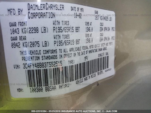 3C4FY48B83T552515 - 2003 CHRYSLER PT CRUISER CLASSIC 金色 照片 9