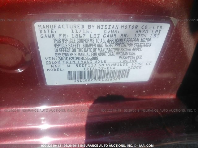 3N1CE2CP0HL355089 - 2017 NISSAN VERSA NOTE S/S PLUS/SV/SL/SR RED photo 9