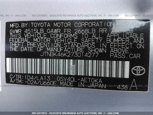 JTNBK46K273014277 - 2007 TOYOTA CAMRY NEW GENERAT LE/XLE/SE SILVER photo 9