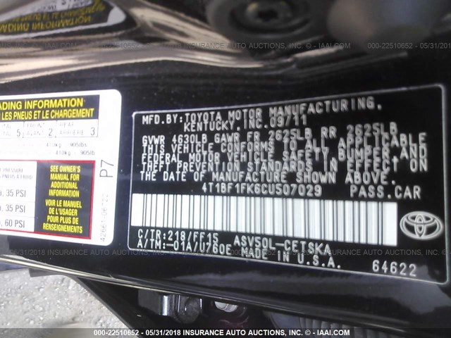4T1BF1FK6CU507029 - 2012 TOYOTA CAMRY SE/LE/XLE BLACK photo 9