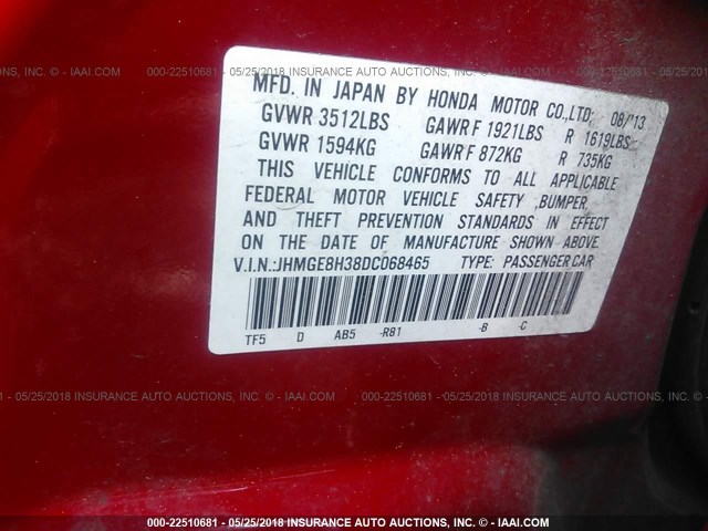 JHMGE8H38DC068465 - 2013 HONDA FIT RED photo 9
