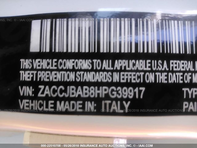 ZACCJBAB8HPG39917 - 2017 JEEP RENEGADE SPORT Սպիտակ լուսանկար 9