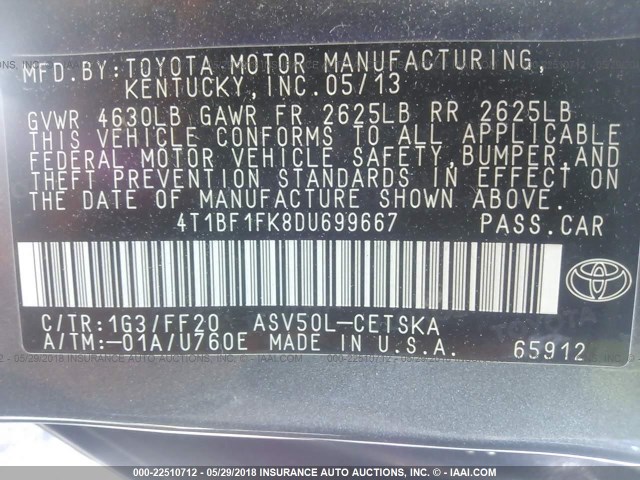 4T1BF1FK8DU699667 - 2013 TOYOTA CAMRY L/SE/LE/XLE 灰色 照片 9