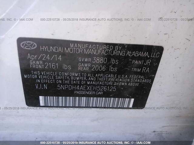 5NPDH4AEXEH526125 - 2014 HYUNDAI ELANTRA SE/SPORT/LIMITED WHITE photo 9