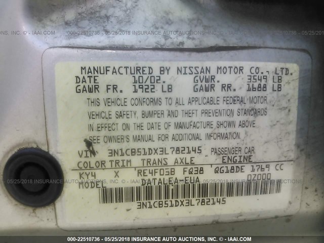 3N1CB51DX3L782145 - 2003 NISSAN SENTRA XE/GXE SILVER photo 9