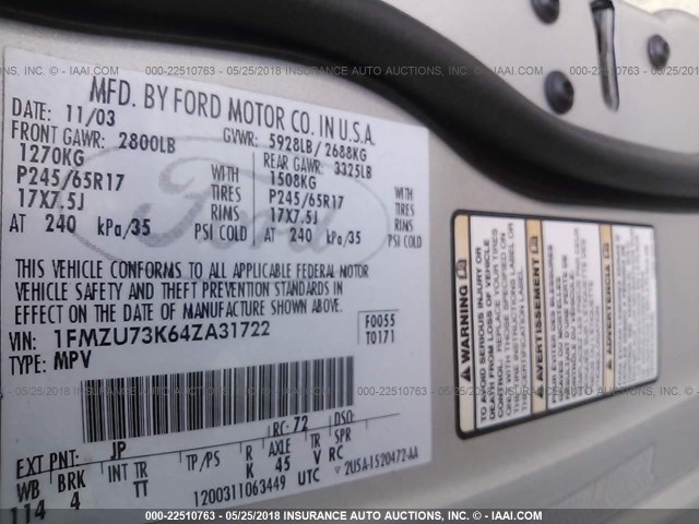 1FMZU73K64ZA31722 - 2004 FORD EXPLORER XLT/XLT SPORT/NBX GRAY photo 9