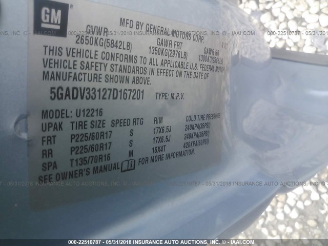 5GADV33127D167201 - 2007 BUICK TERRAZA CXL Light Blue photo 9