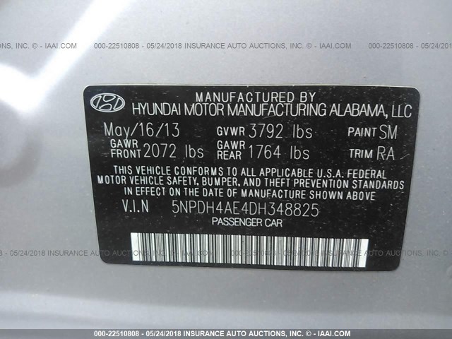 5NPDH4AE4DH348825 - 2013 HYUNDAI ELANTRA GLS/LIMITED SILVER photo 9