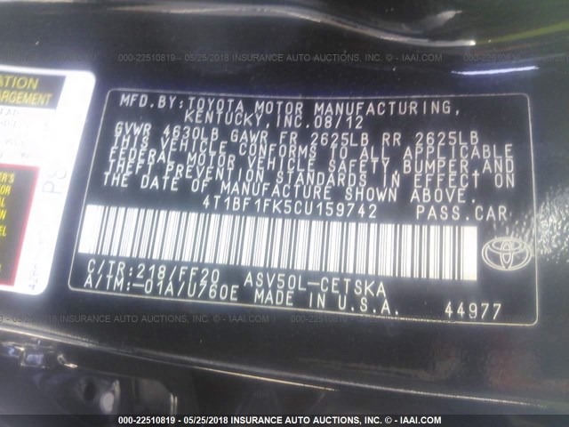 4T1BF1FK5CU159742 - 2012 TOYOTA CAMRY SE/LE/XLE BLACK photo 9