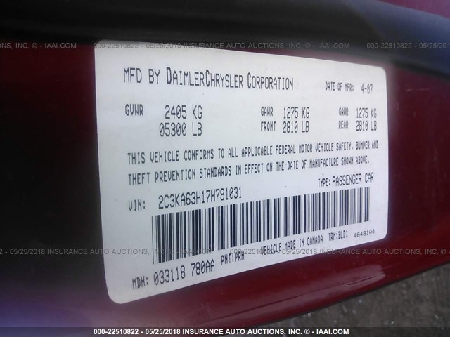 2C3KA63H17H791031 - 2007 CHRYSLER 300C RED photo 9