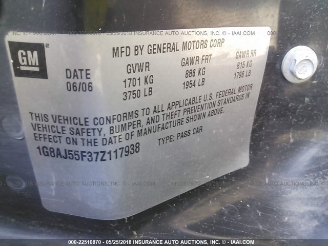 1G8AJ55F37Z117938 - 2007 SATURN ION LEVEL 2 MAROON photo 9