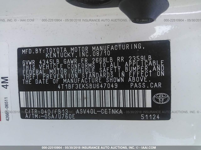 4T1BF3EK5BU647049 - 2011 TOYOTA CAMRY SE/LE/XLE WHITE photo 9