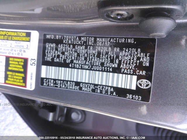 4T1BZ1HK7JU001114 - 2018 TOYOTA CAMRY XSE/XLE 灰色 照片 9