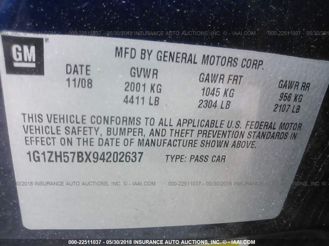 1G1ZH57BX94202637 - 2009 CHEVROLET MALIBU 1LT 蓝色 照片 9